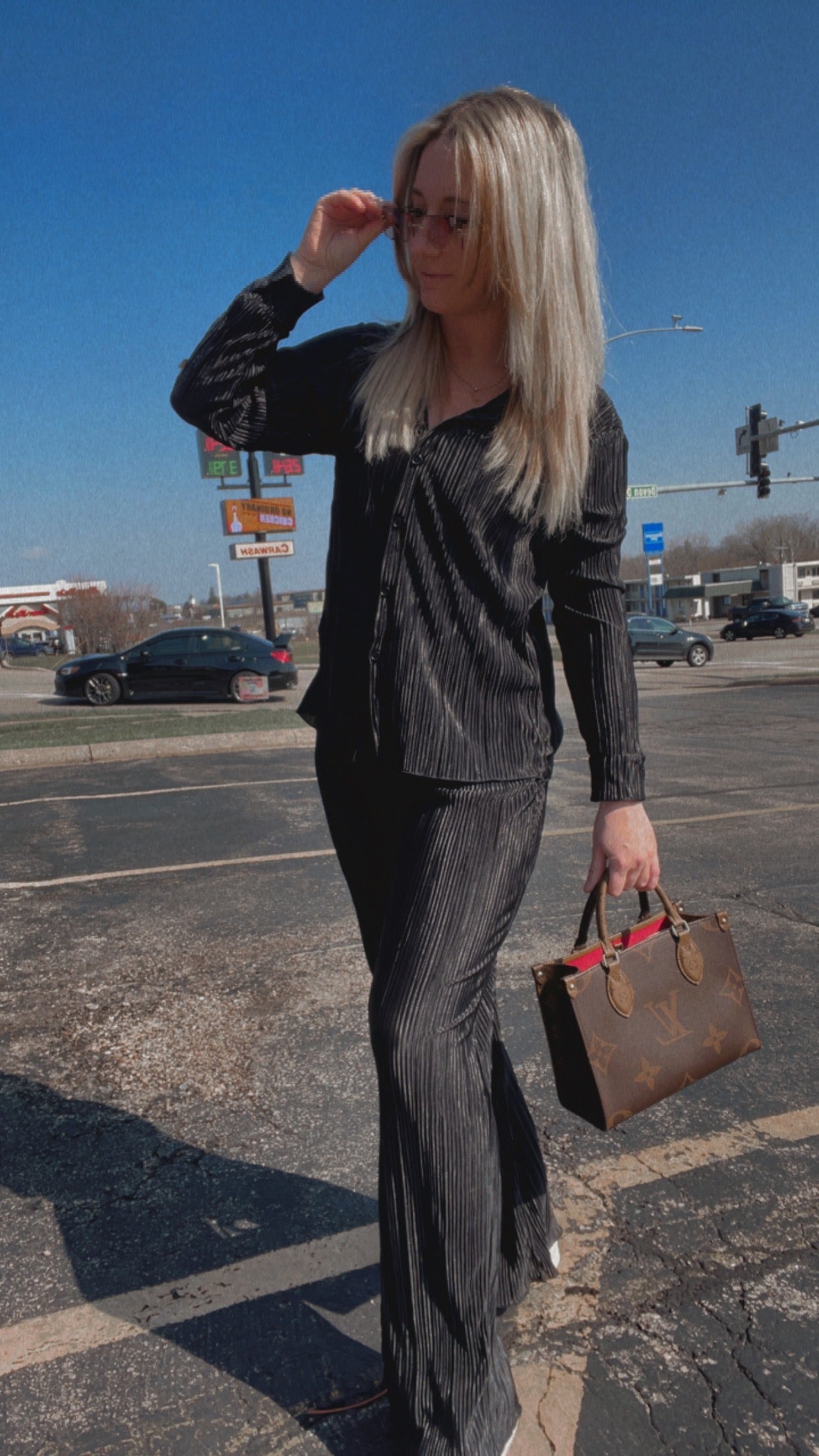 Plisse Pleated Button Down Top And Pants Set