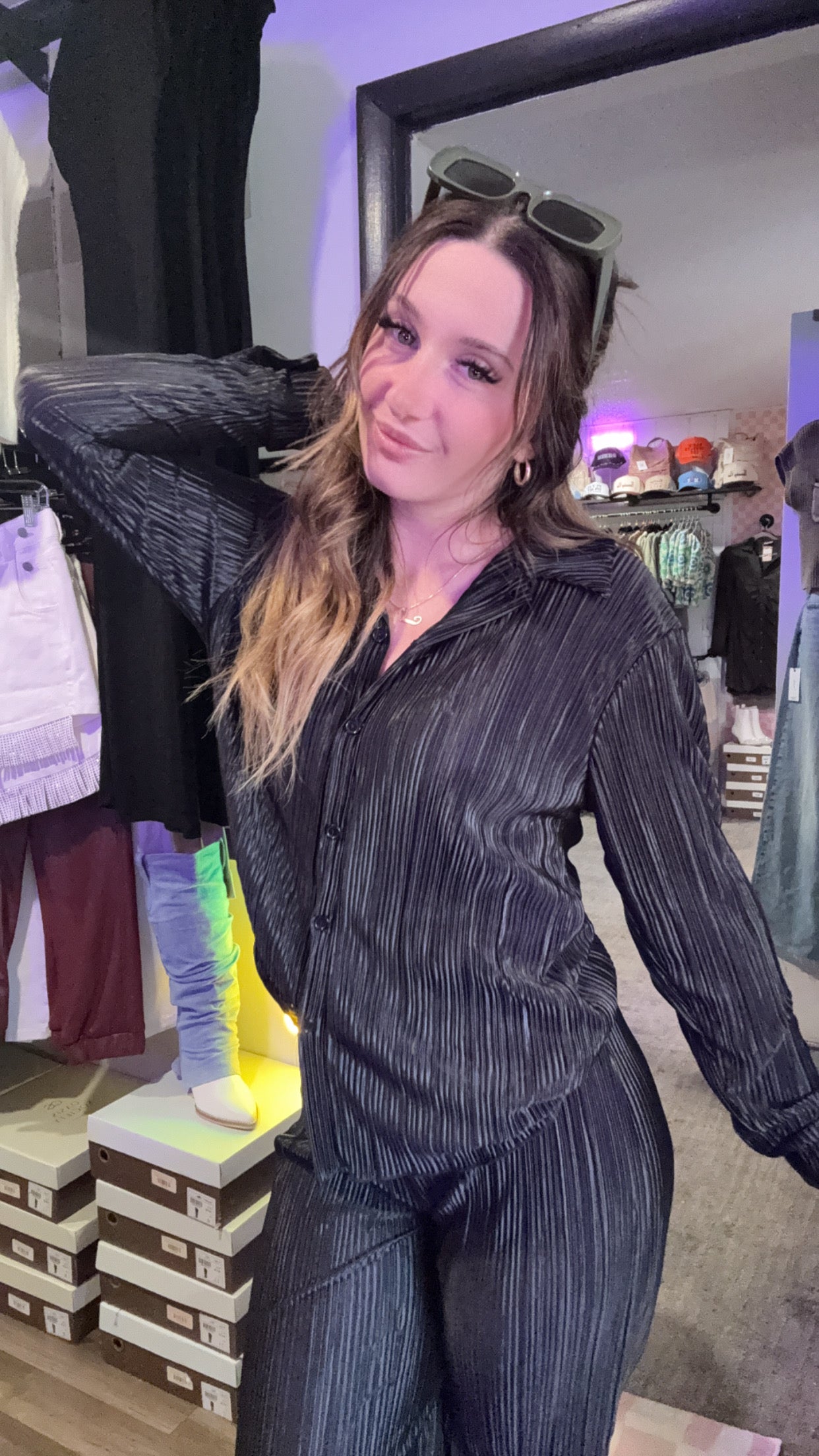 Plisse Pleated Button Down Top And Pants Set