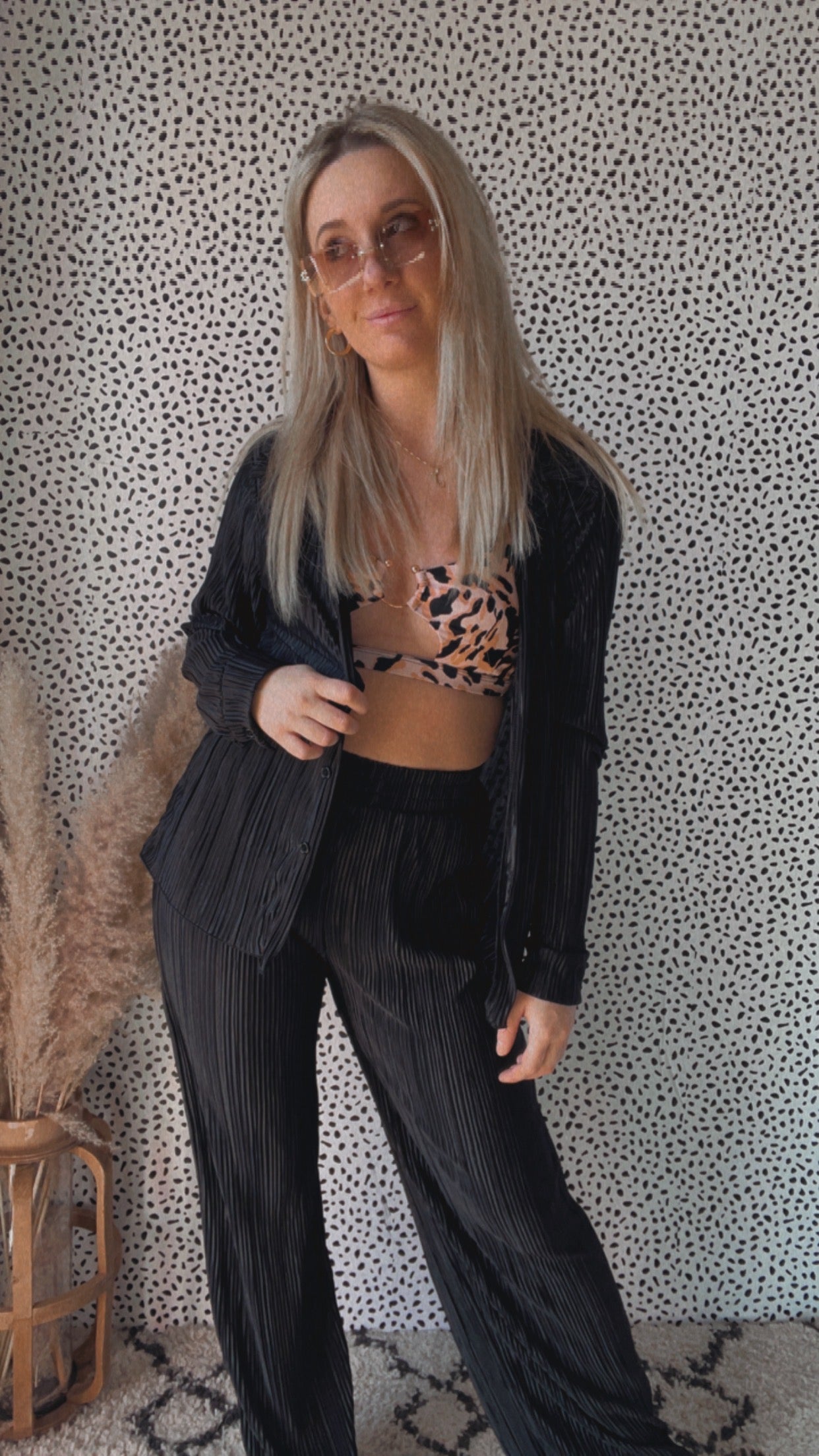 Plisse Pleated Button Down Top And Pants Set