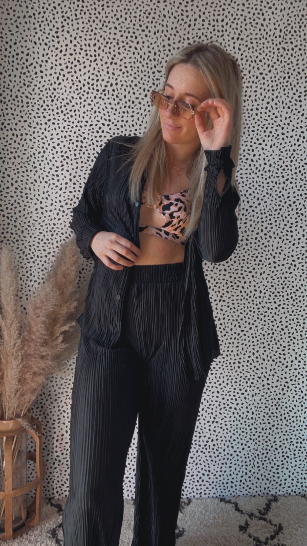 Plisse Pleated Button Down Top And Pants Set