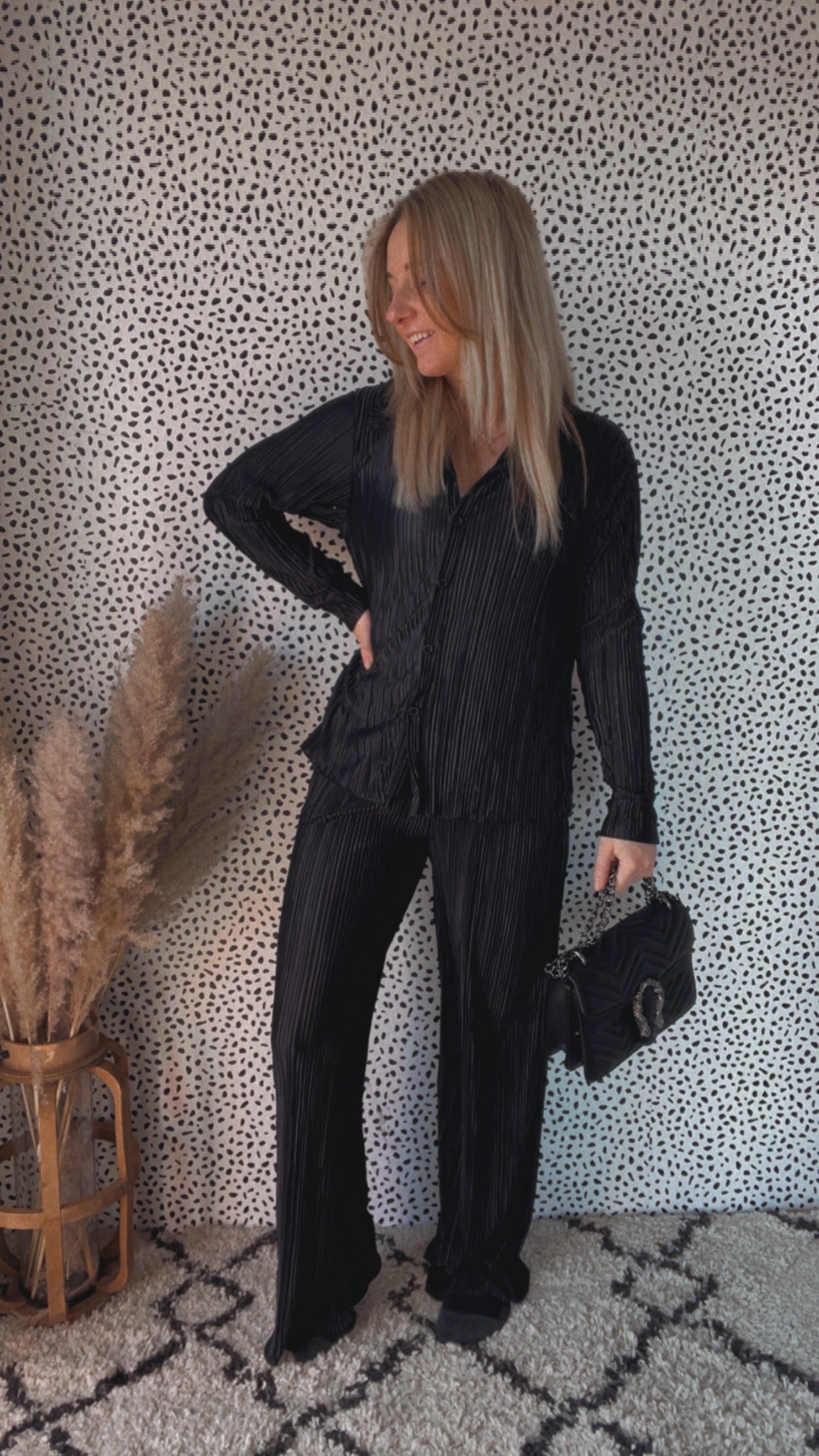 Plisse Pleated Button Down Top And Pants Set
