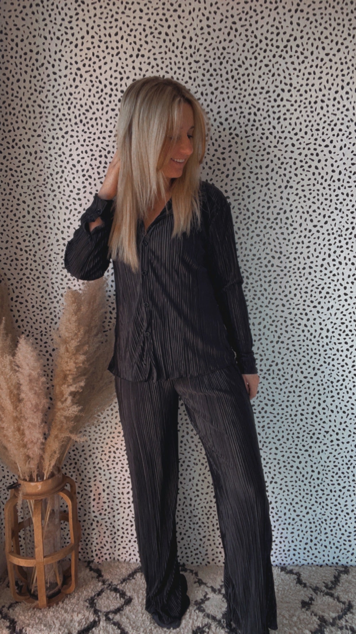 Plisse Pleated Button Down Top And Pants Set