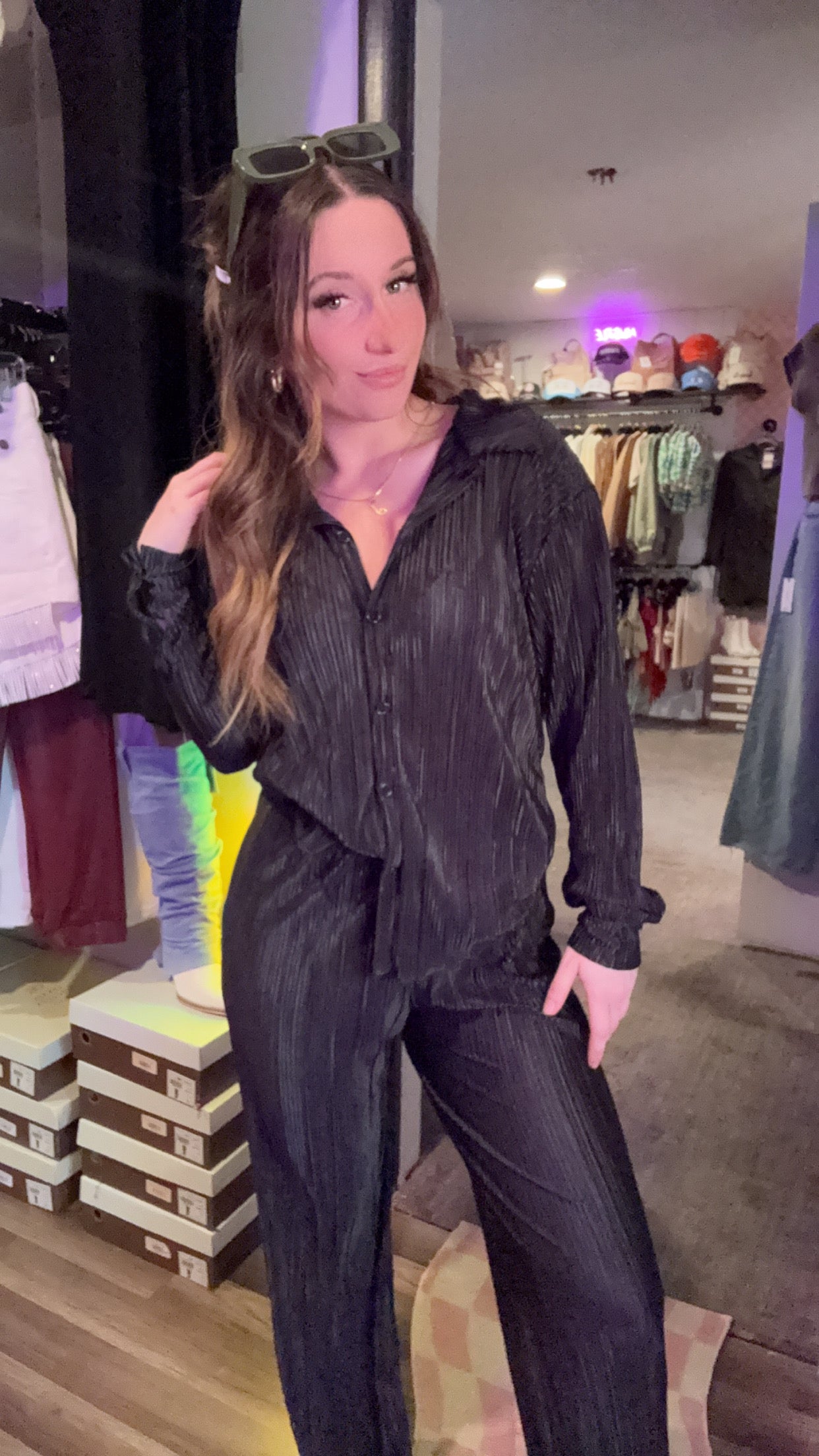 Plisse Pleated Button Down Top And Pants Set