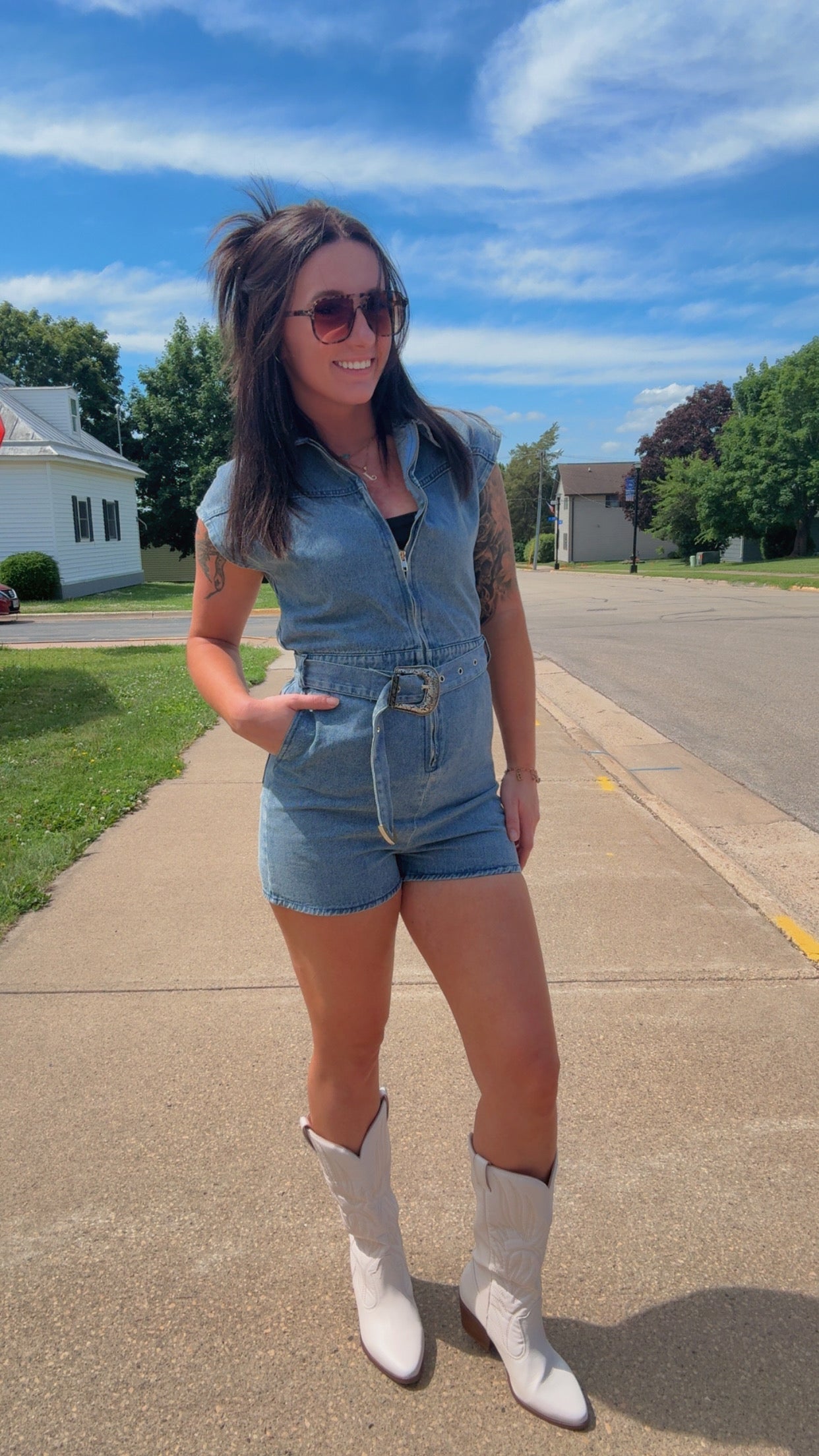 Zayla Zip Up Belted Romper- Denim
