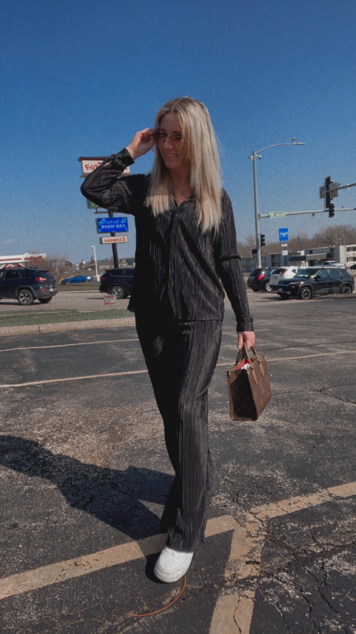 Plisse Pleated Button Down Top And Pants Set