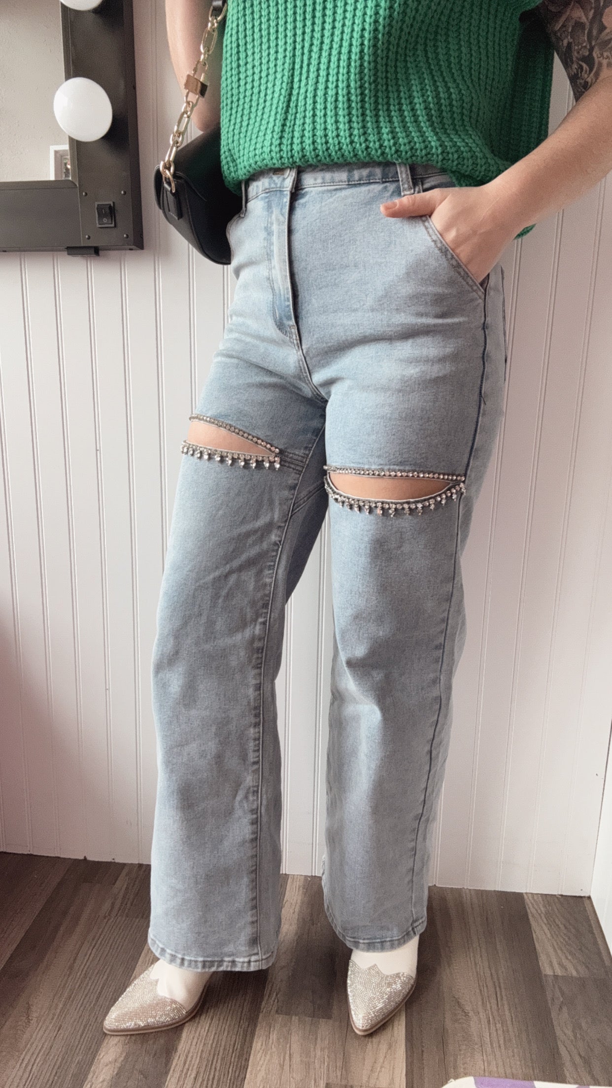 Cut Out Front Rhinestone Washed Denim Jeans