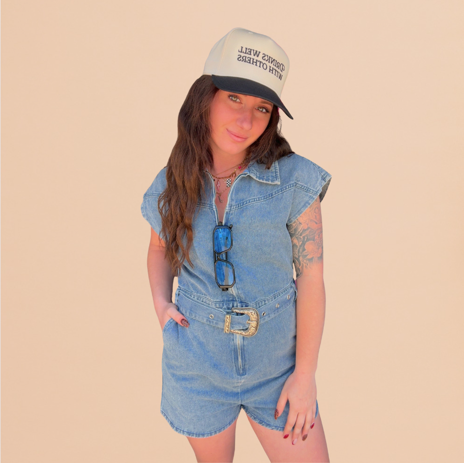 Zayla Zip Up Belted Romper- Denim