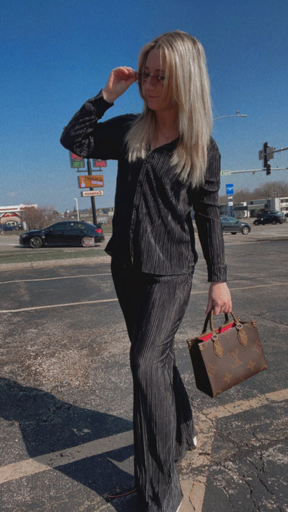 Plisse Pleated Button Down Top And Pants Set