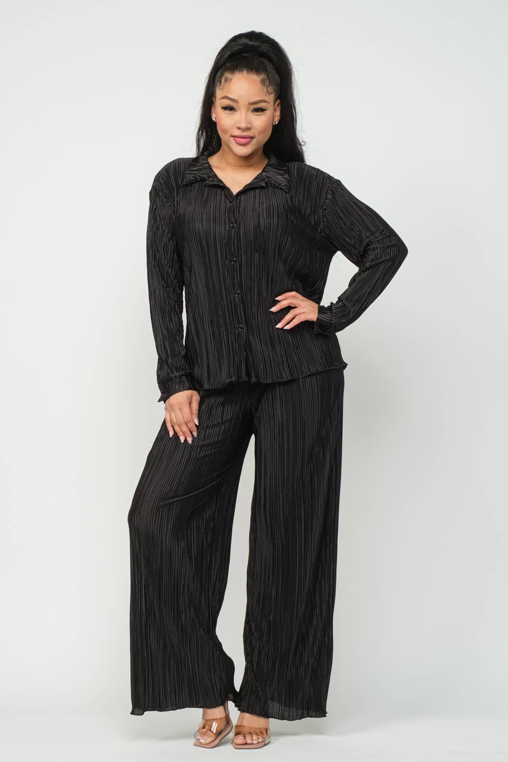 Plisse Pleated Button Down Top And Pants Set