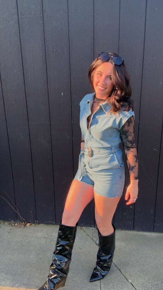 Zayla Zip Up Belted Romper- Denim
