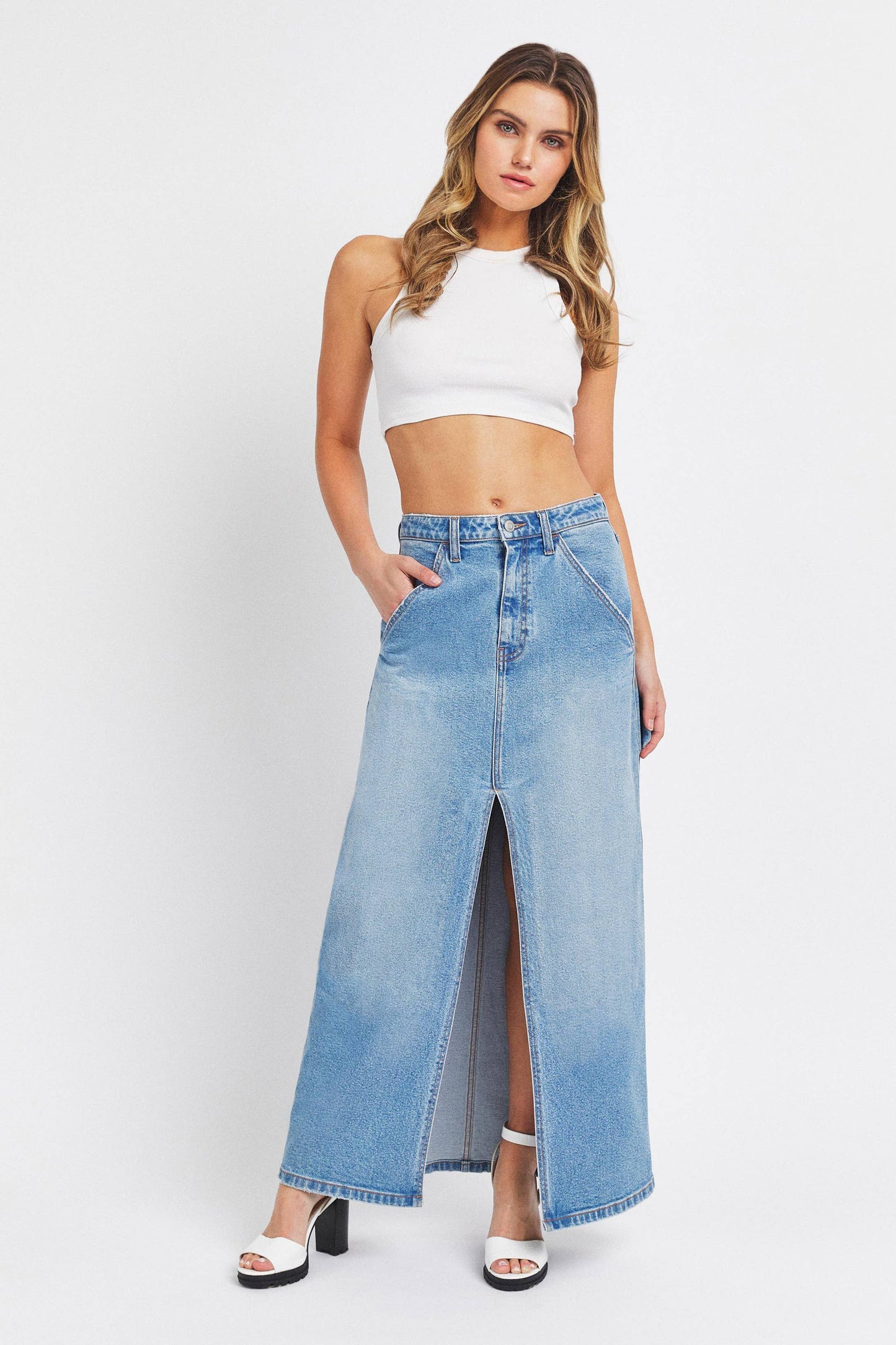 Western Mid Waisted Denim Maxi Skirt