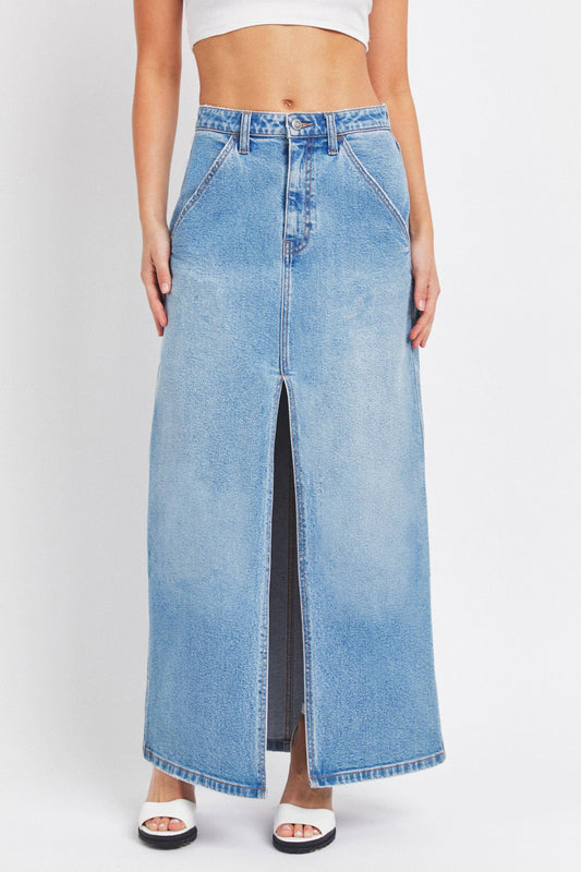 Western Mid Waisted Denim Maxi Skirt