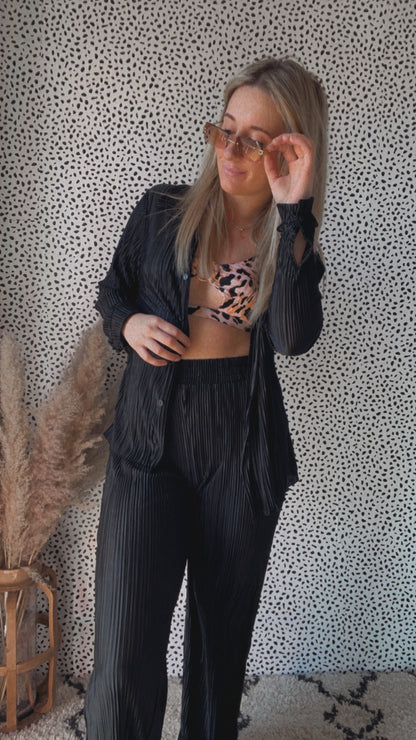 Plisse Pleated Button Down Top And Pants Set