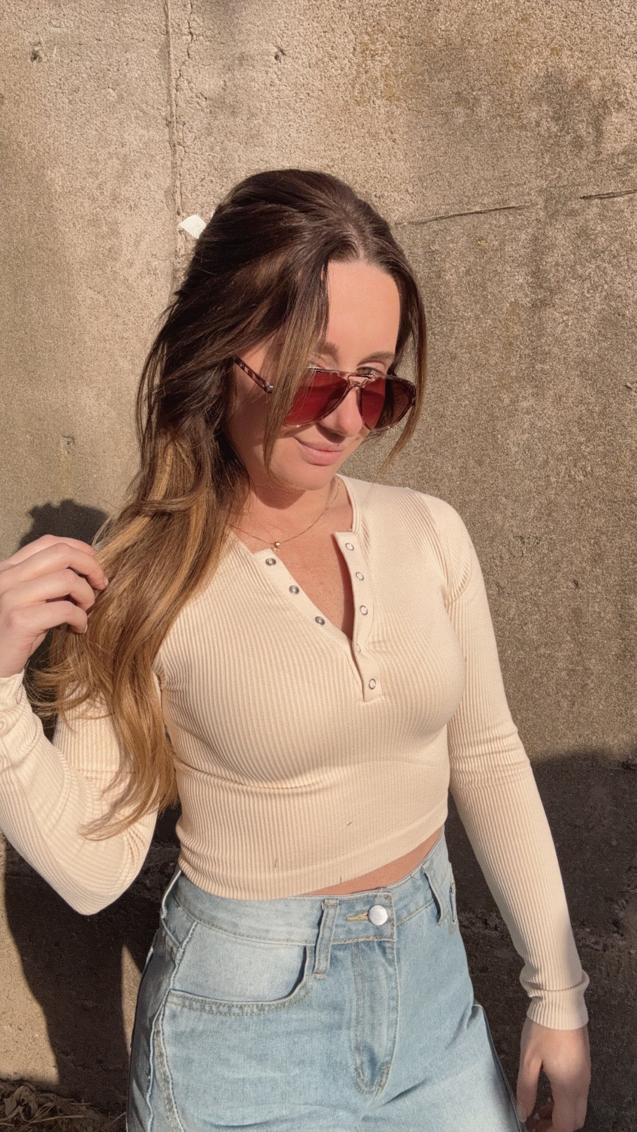 Henley Casual Fitted Crop Knit Top