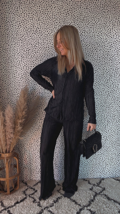Plisse Pleated Button Down Top And Pants Set