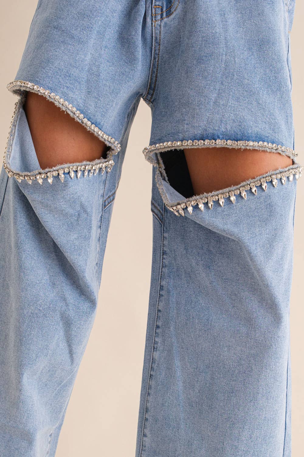 Cut Out Front Rhinestone Washed Denim Jeans