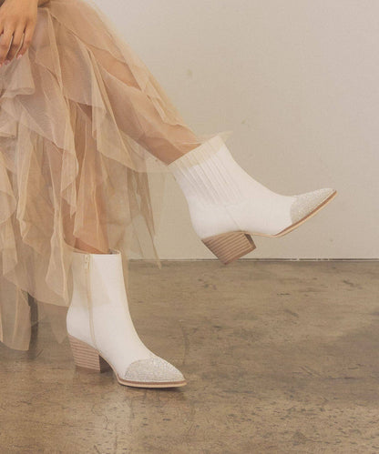 The Zuri White | Western Bootie with Rhinestone Toe
