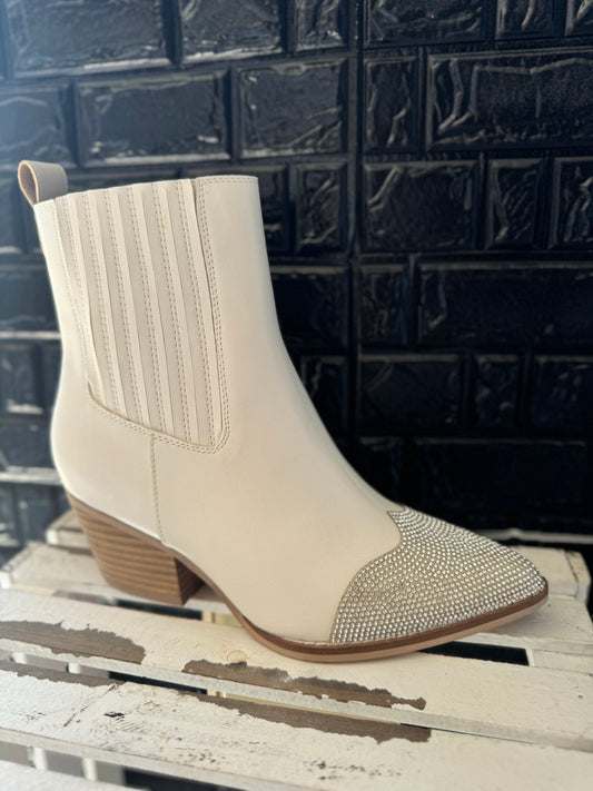 The Zuri White | Western Bootie with Rhinestone Toe