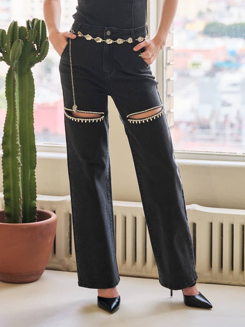 Cut Out Front Rhinestone Washed Denim Jeans