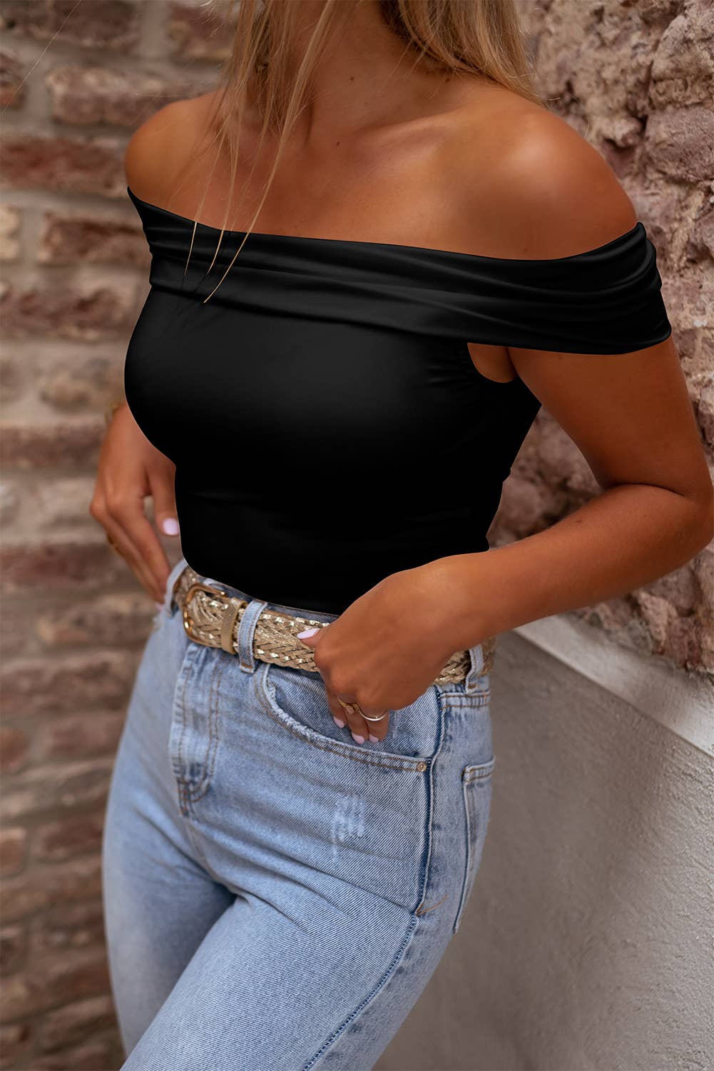 Nash Black Folded Off Shoulder Slim Top