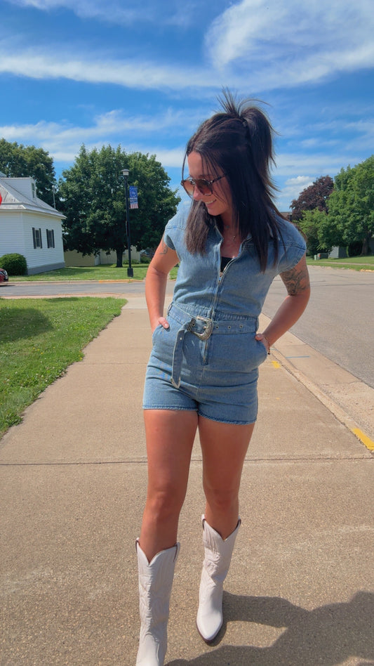 Zayla Zip Up Belted Romper- Denim