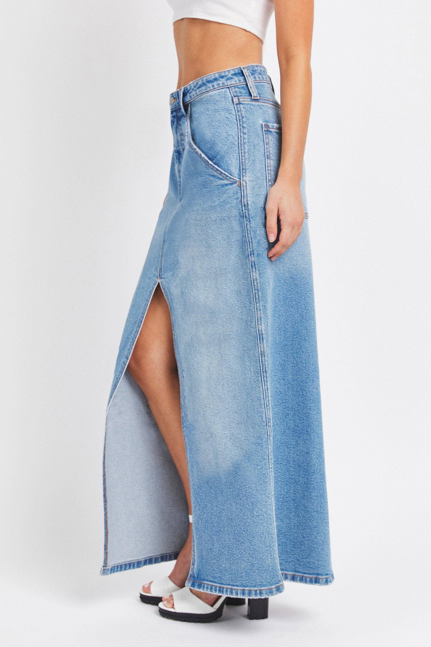 Western Mid Waisted Denim Maxi Skirt