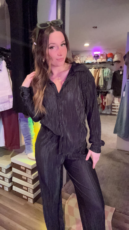 Plisse Pleated Button Down Top And Pants Set