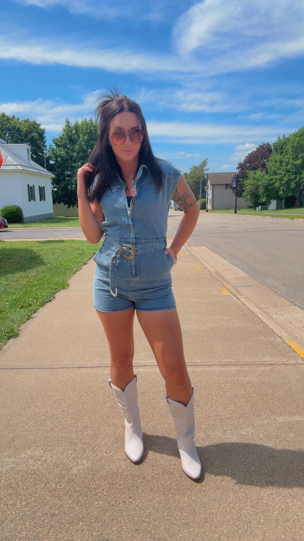 Zayla Zip Up Belted Romper- Denim