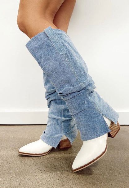 Thea - Fold Over Slit Western Denim Boots