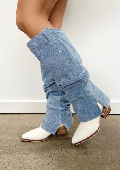 Thea - Fold Over Slit Western Denim Boots