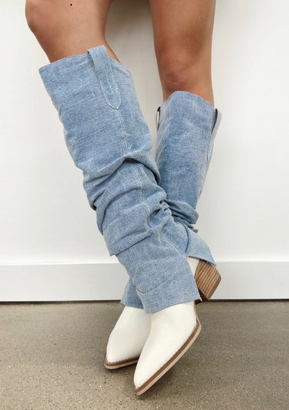 Thea - Fold Over Slit Western Denim Boots