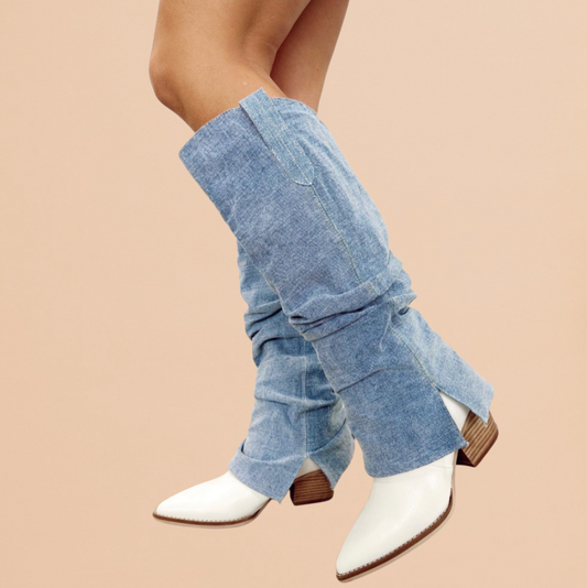 Thea - Fold Over Slit Western Denim Boots
