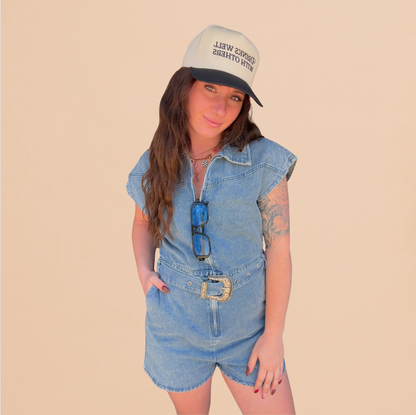 Zayla Zip Up Belted Romper- Denim