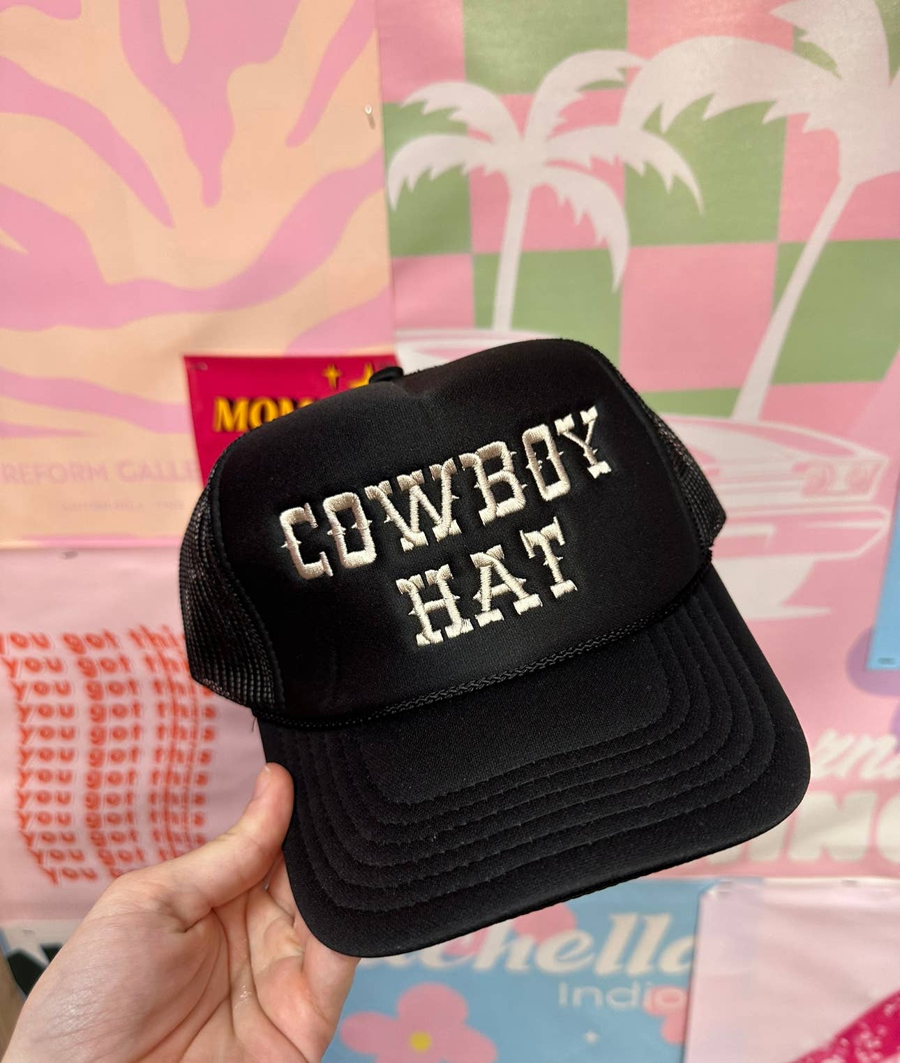 Black Cowboy Hat Trucker Hat: Embrodiary