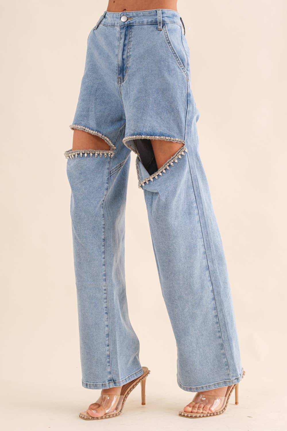 Cut Out Front Rhinestone Washed Denim Jeans