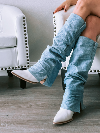 Thea - Fold Over Slit Western Denim Boots